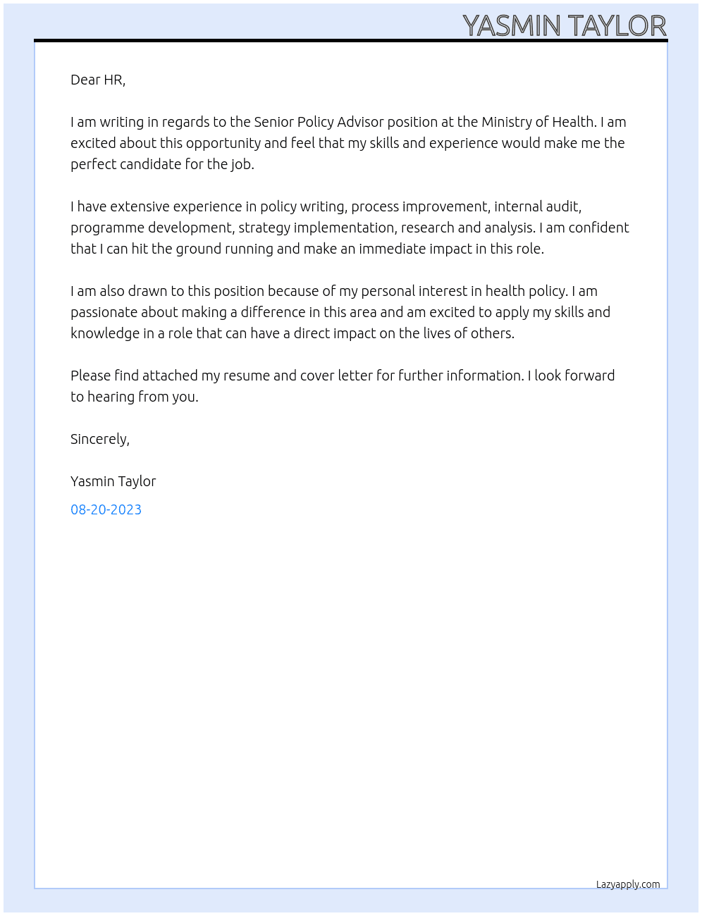 Senior Policy Advisor At Ministry of Health Cover Letter