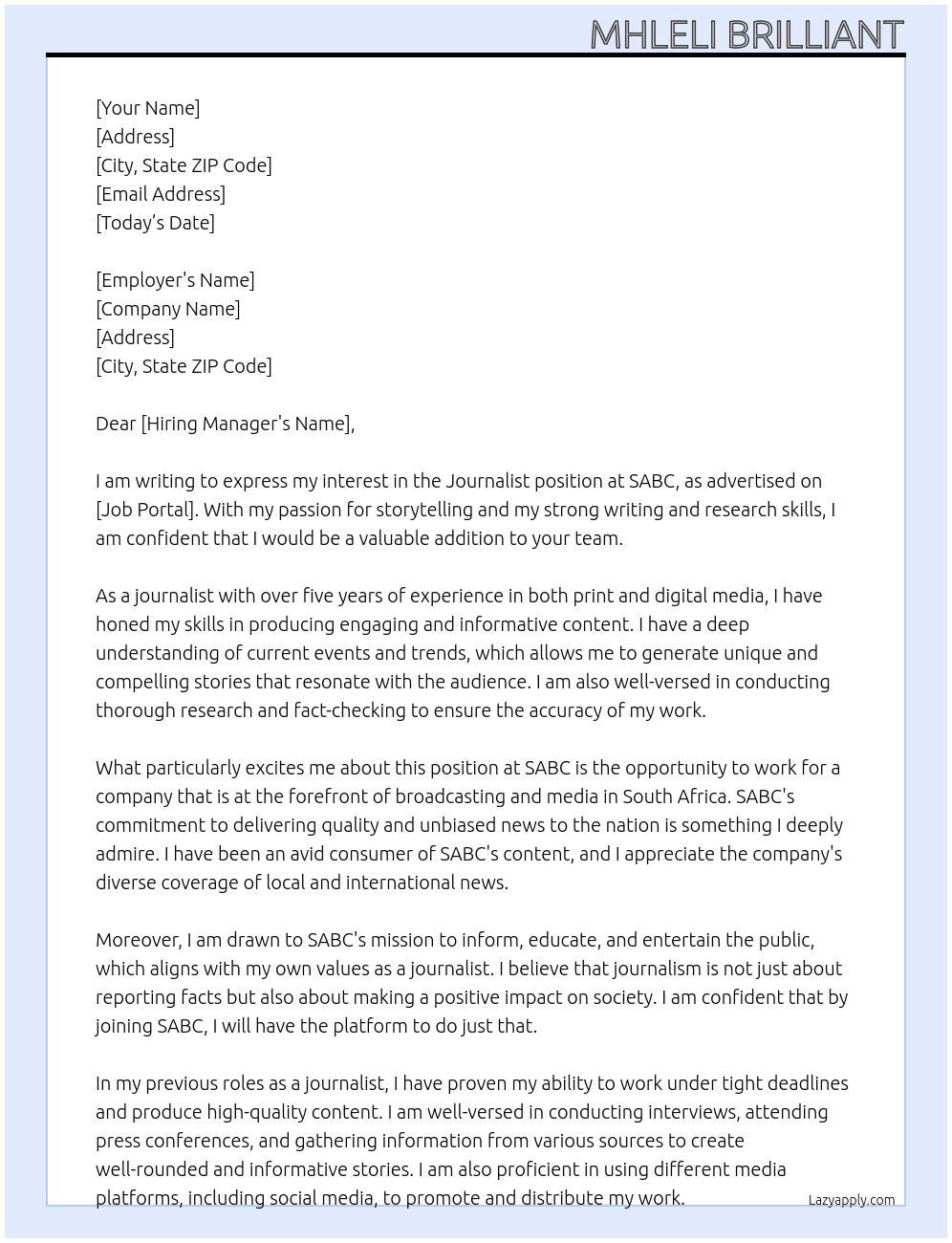 Journalist  At SABC Cover Letter