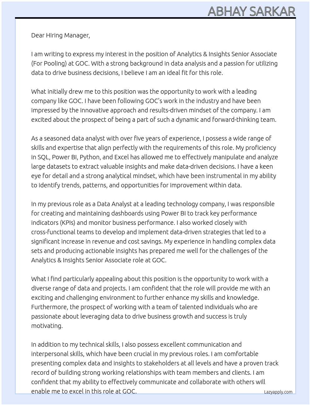 Analytics & Insights Senior Associate (For Pooling) At GOC Cover Letter