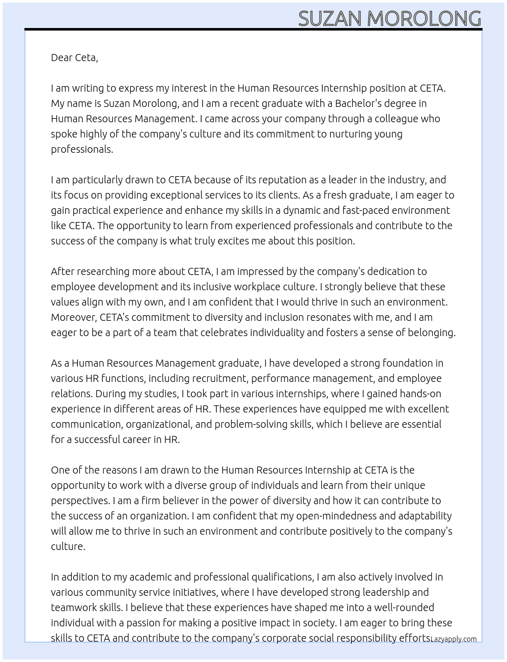 Human resources internship  At CETA Cover Letter