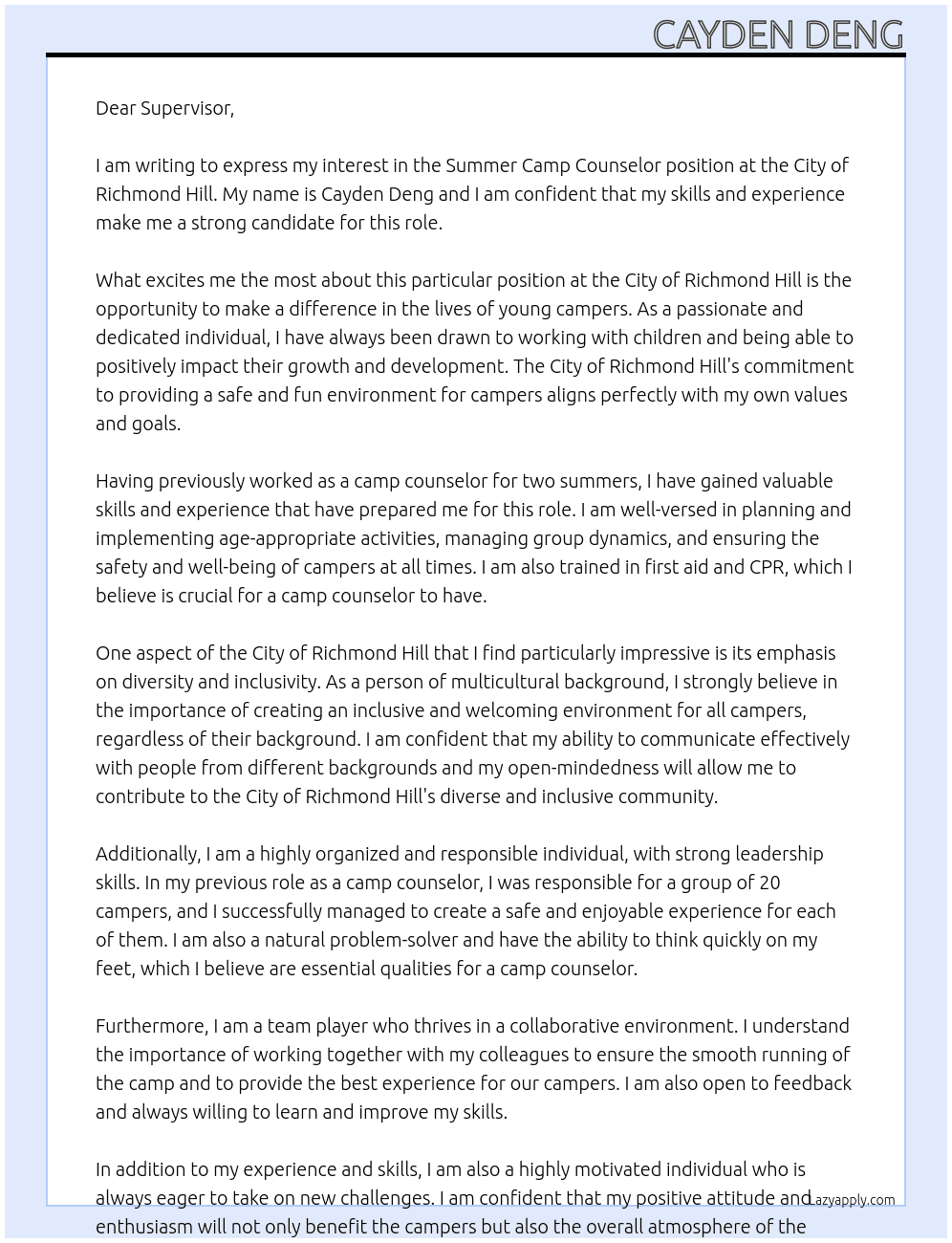 Summer Camp Counselor At City of Richmond Hill Cover Letter
