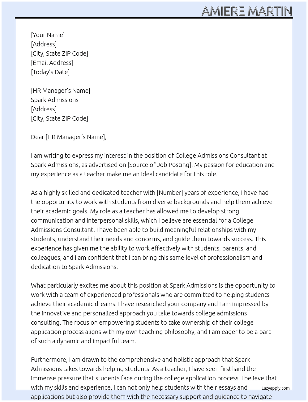 College Admissions Consultant  At Spark Admissions Cover Letter