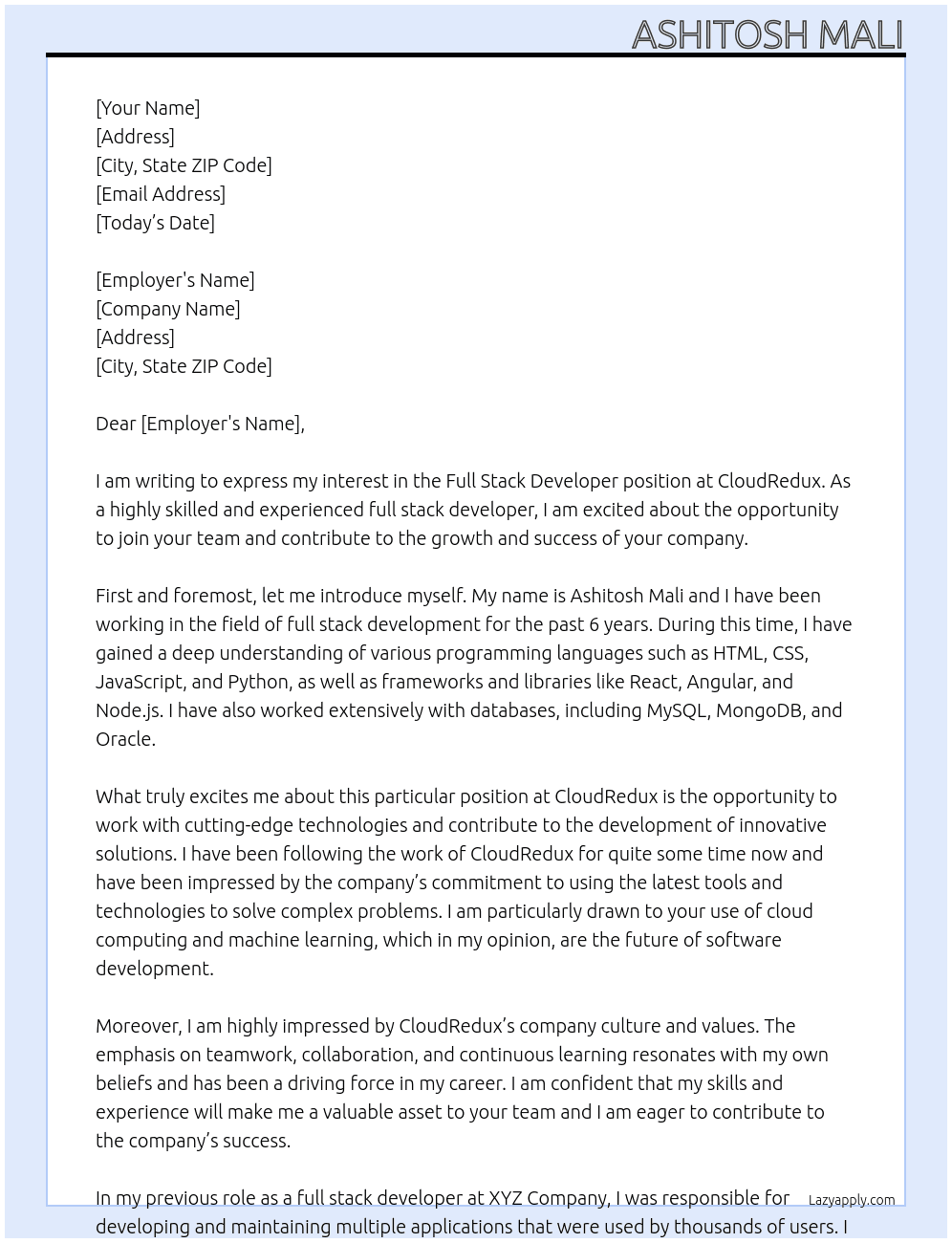 full stack developers  At CloudRedux Cover Letter