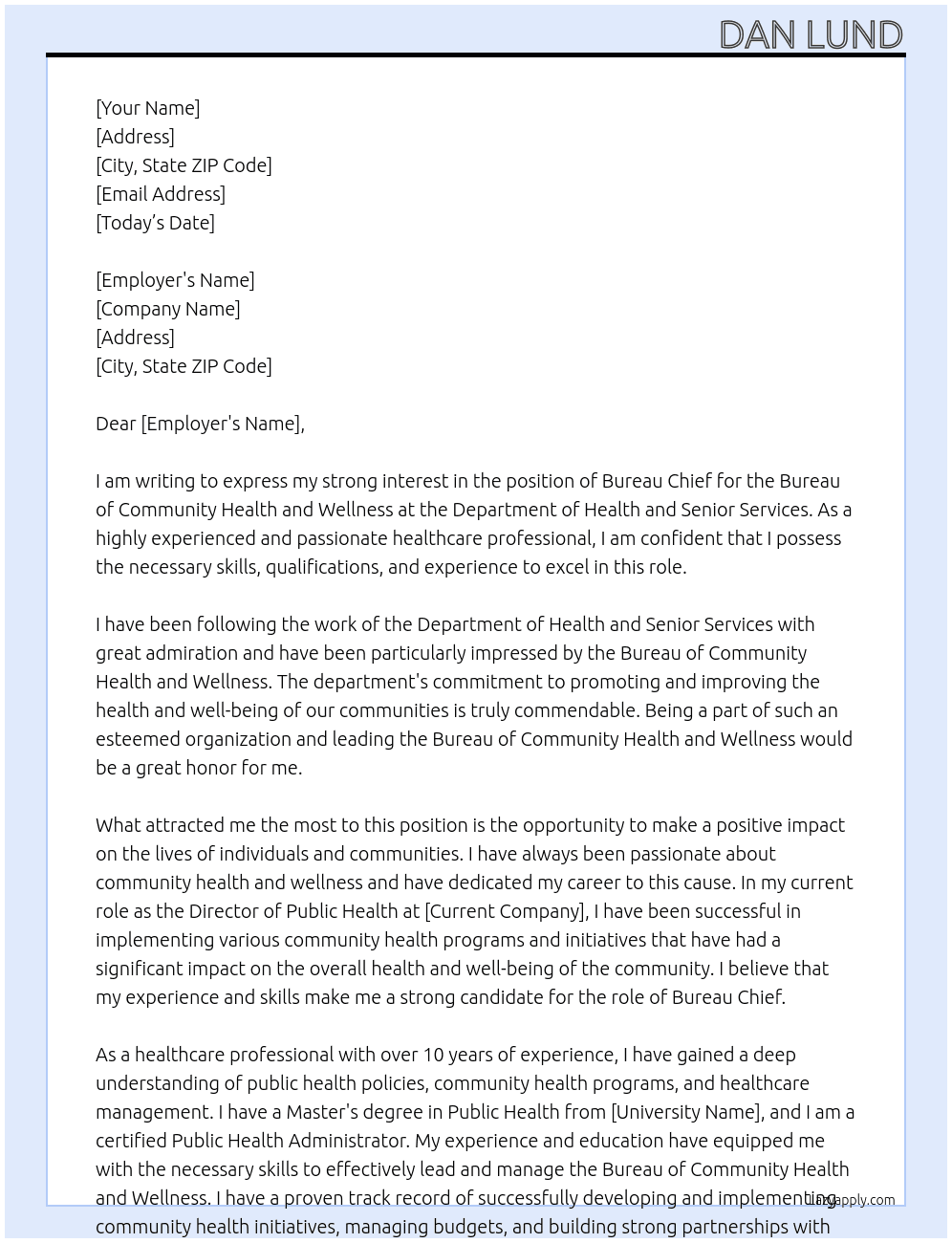  Bureau Chief for the Bureau of Community Health and Wellness At Department of Health and Senior Services Cover Letter