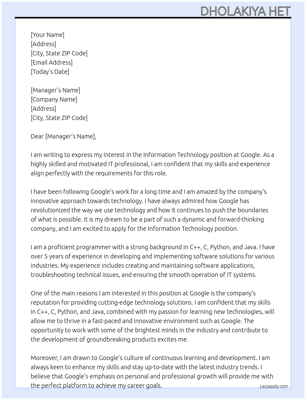 Information technology  At Google Cover Letter
