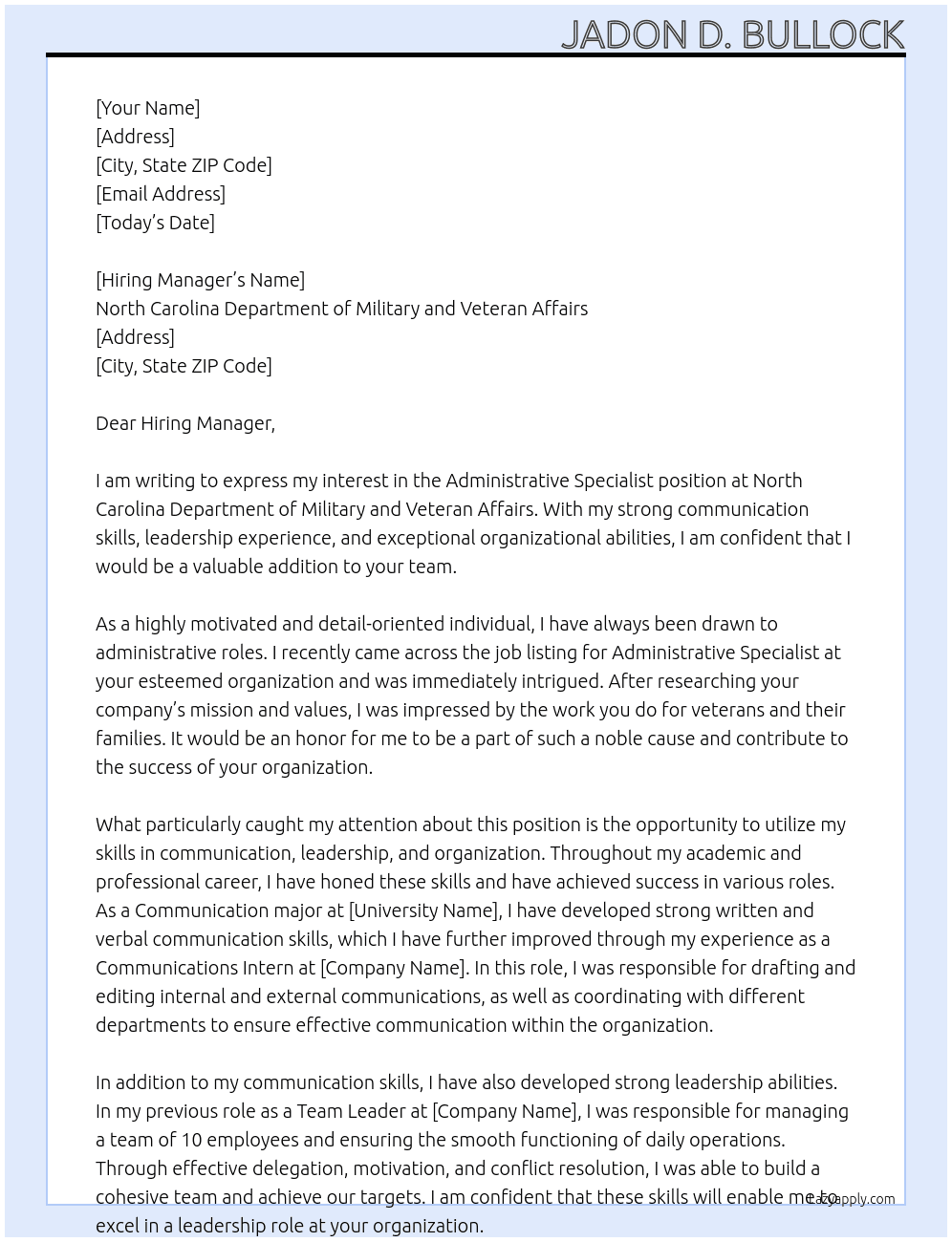 Administrative Specialist  At North Carolina Department of Military and Veteran Affairs Cover Letter