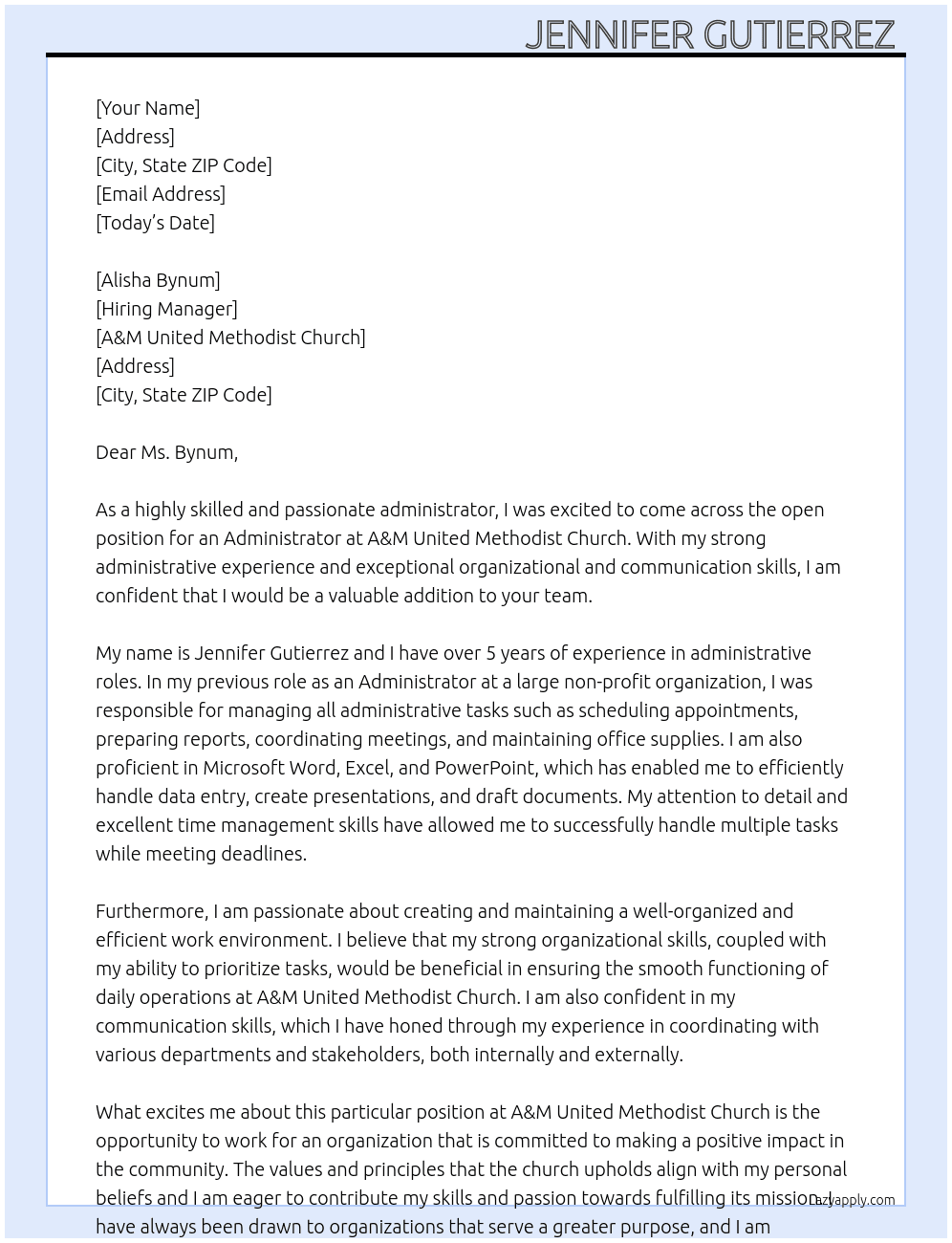 Administrator  At A&M United Methodist Church  Cover Letter