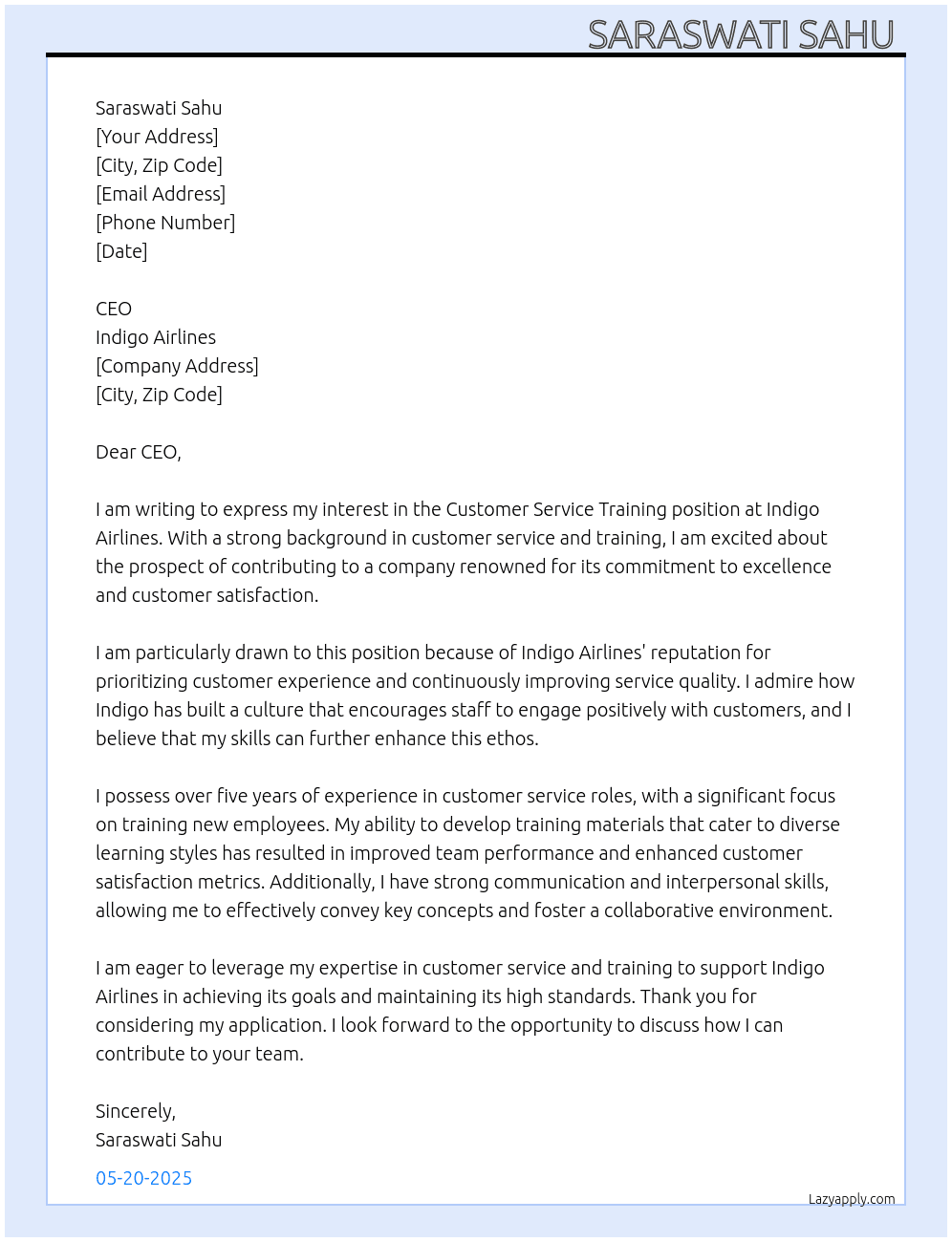 Customer service training  At Indigo airlines  Cover Letter