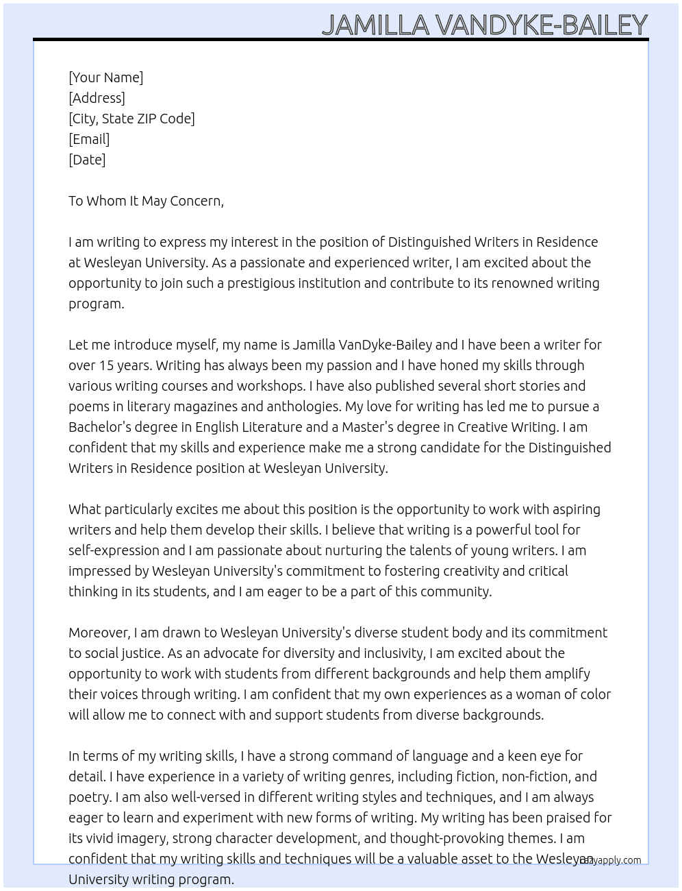 Distinguished Writers in Residence At Wesleyan University Cover Letter
