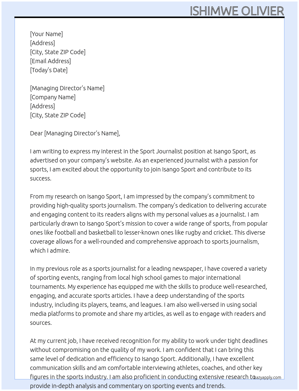 Sport Journalist At Isango Sport Cover Letter