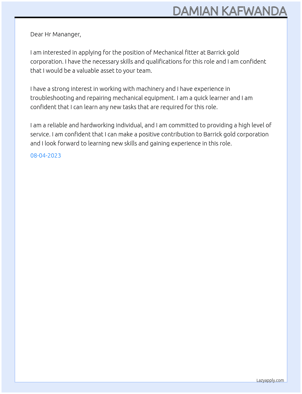 Mechanical fitter At Barrick gold corporation  Cover Letter