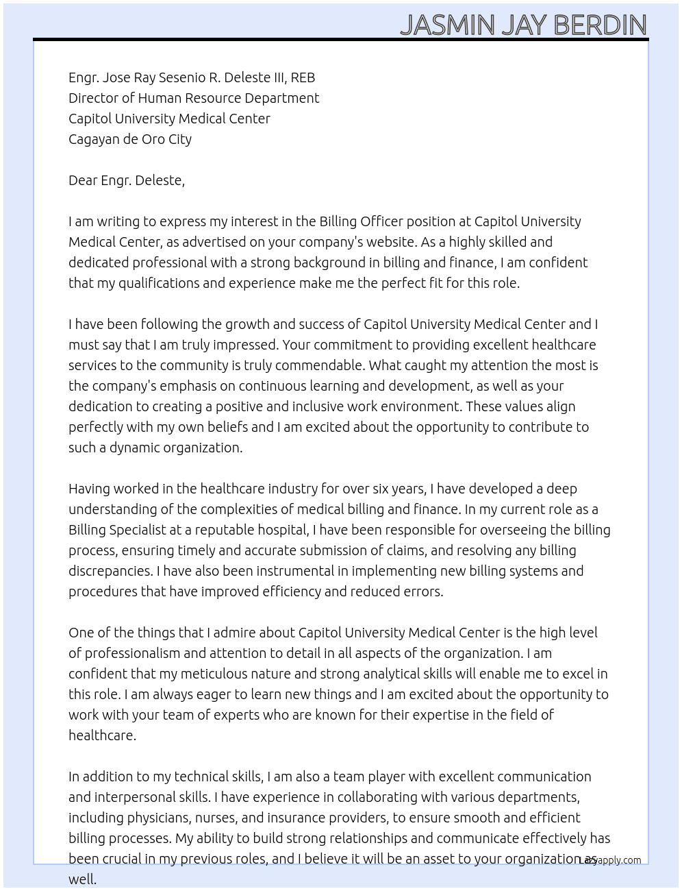 billing officer At Capitol University Medical Center Cover Letter