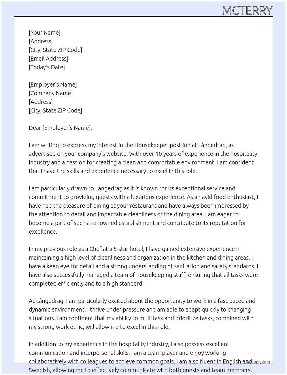 housekeeper At Långedrag Cover Letter