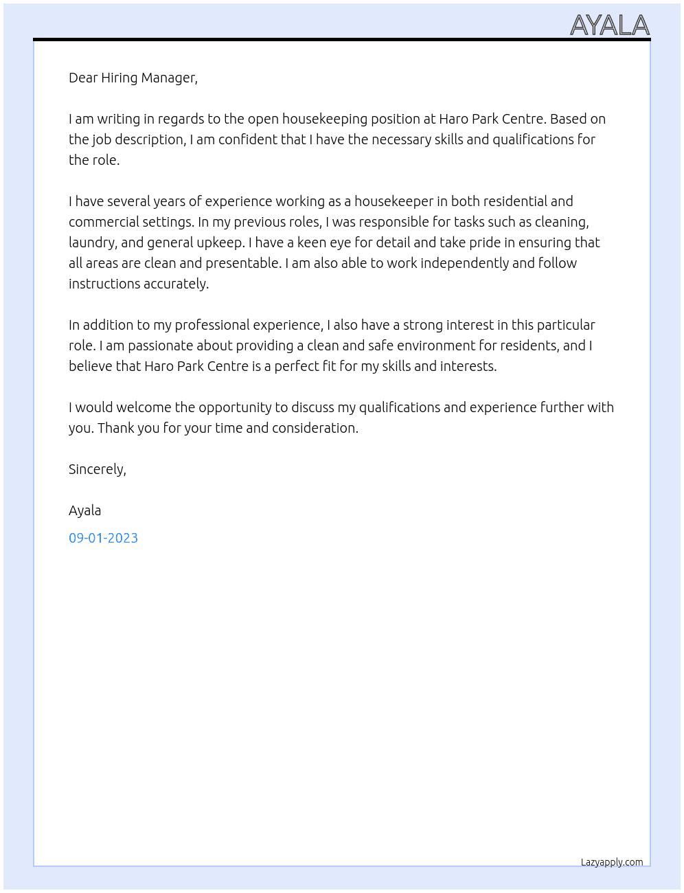 Housekeeper At Haro Park Centre Cover Letter