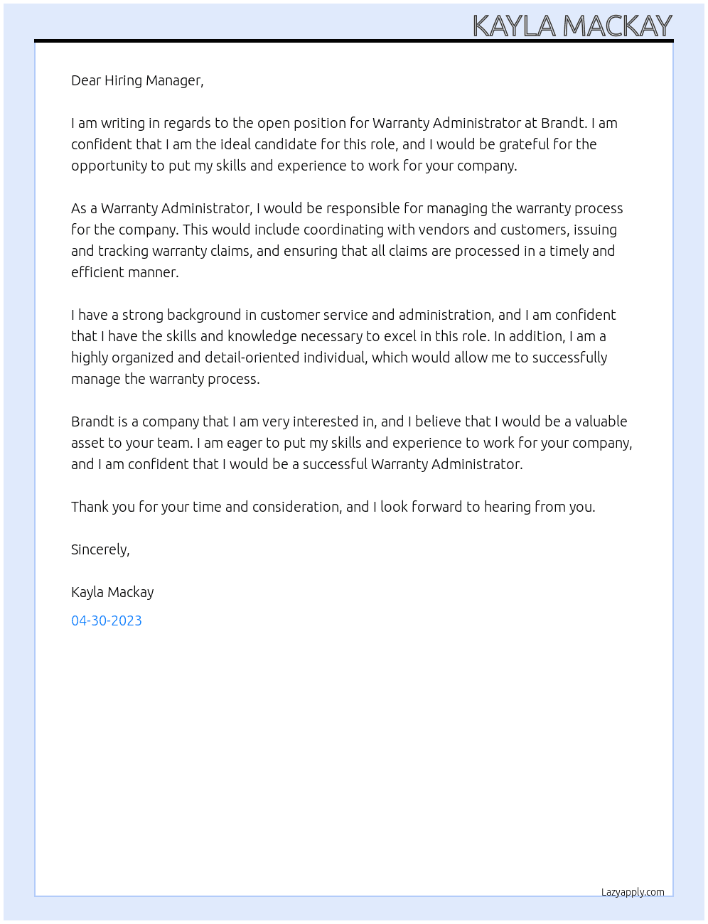 Warranty Administrator At Brandt Cover Letter