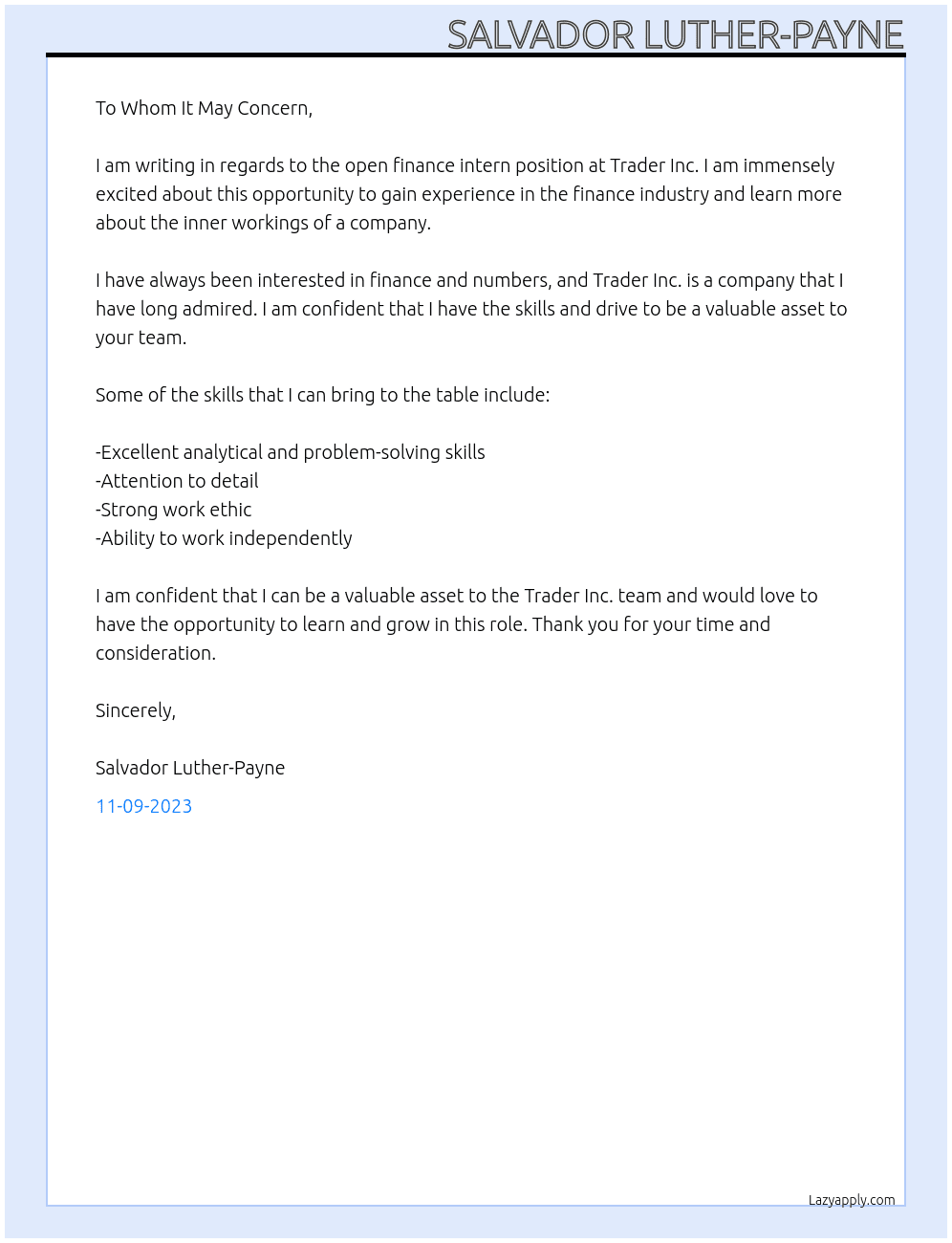 Finance intern At Trader inc Cover Letter