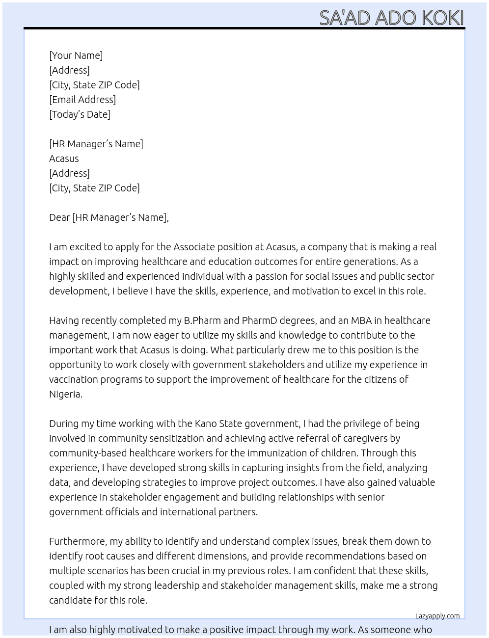 Associate At Acasus Cover Letter
