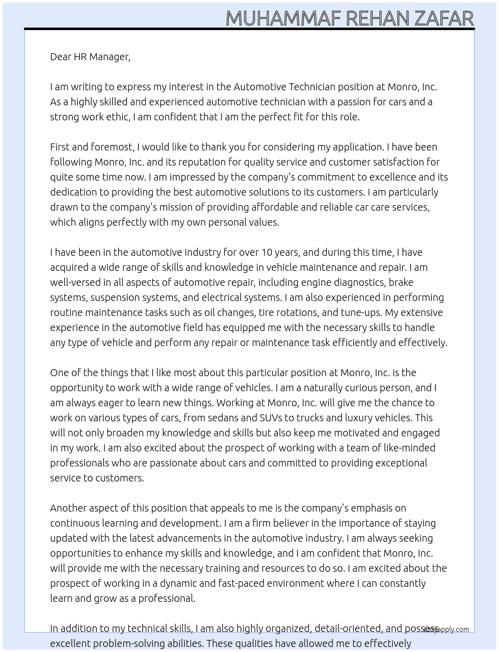 Automotive Technician At Monro, Inc. Cover Letter