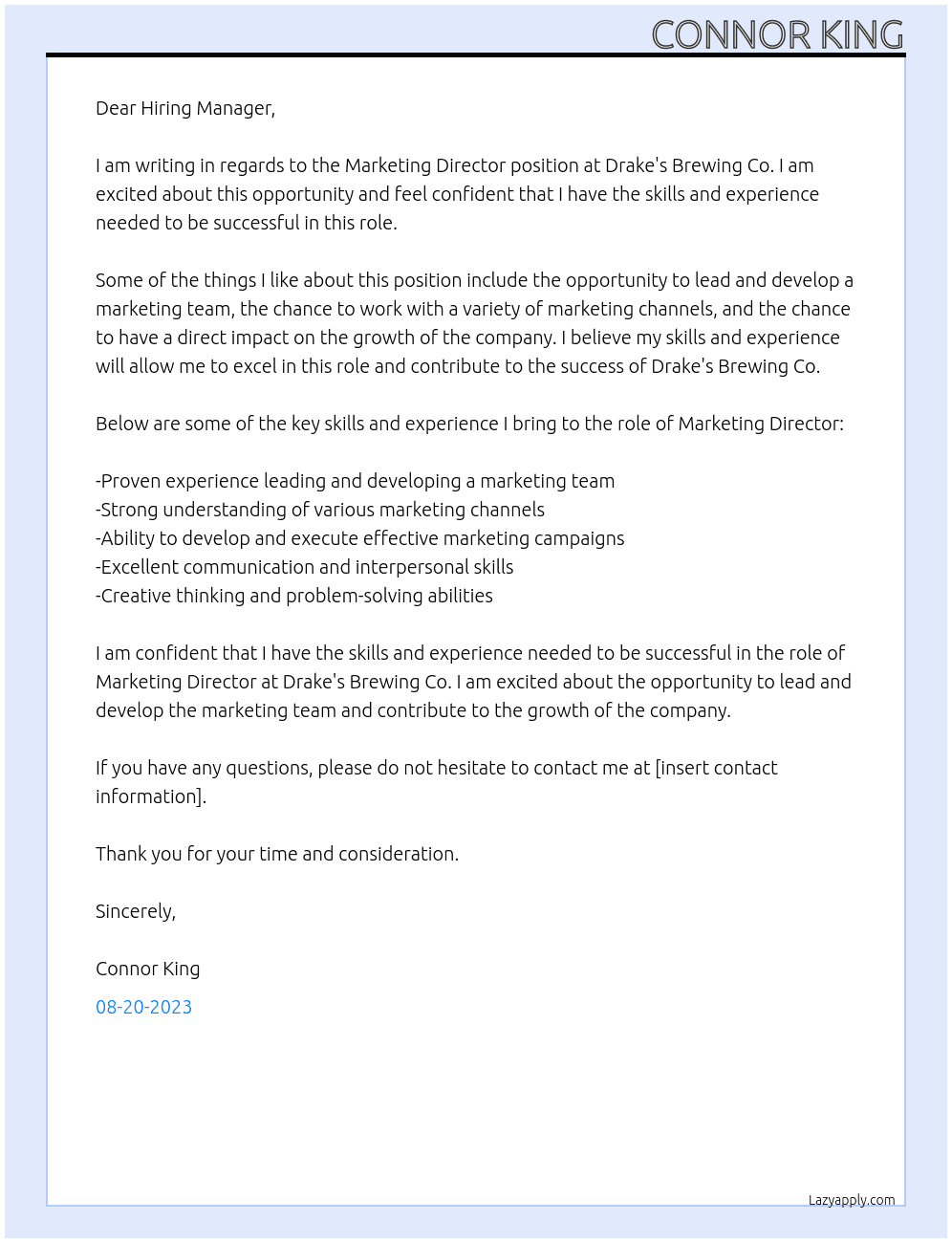 Marketing Director At Drake's Brewing Co. Cover Letter
