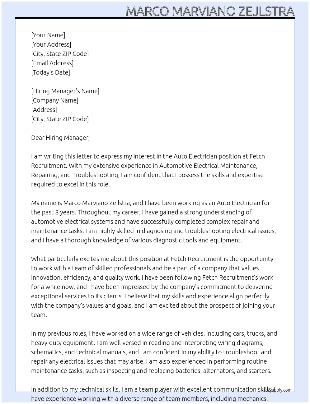 Auto Electrician At Fetch Recruitment Cover Letter