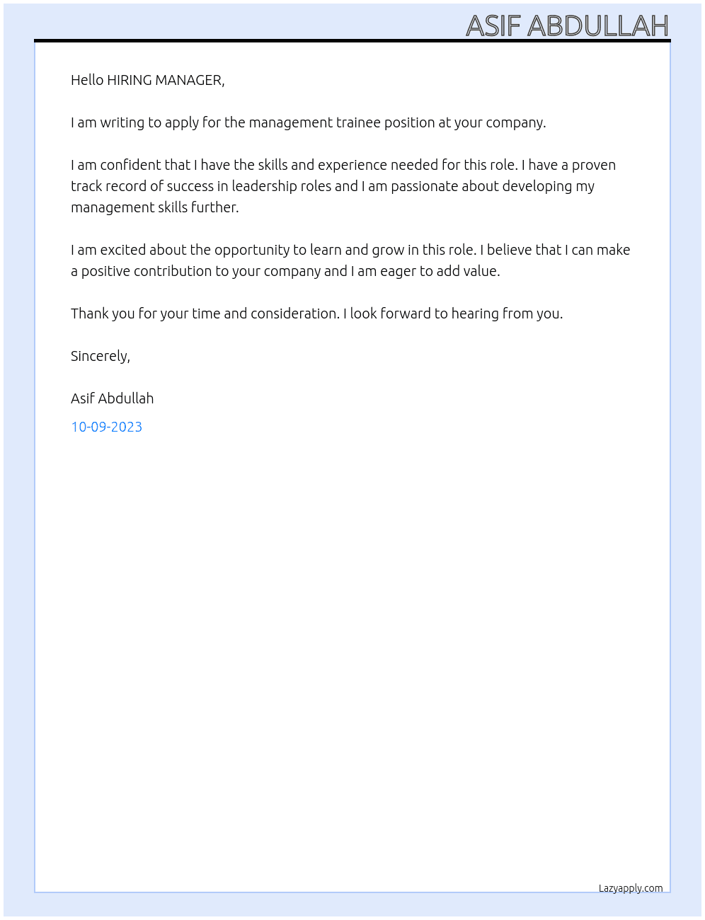 MANAGEMENT TRAINEE At MANAGEMENT TRAINEE Cover Letter