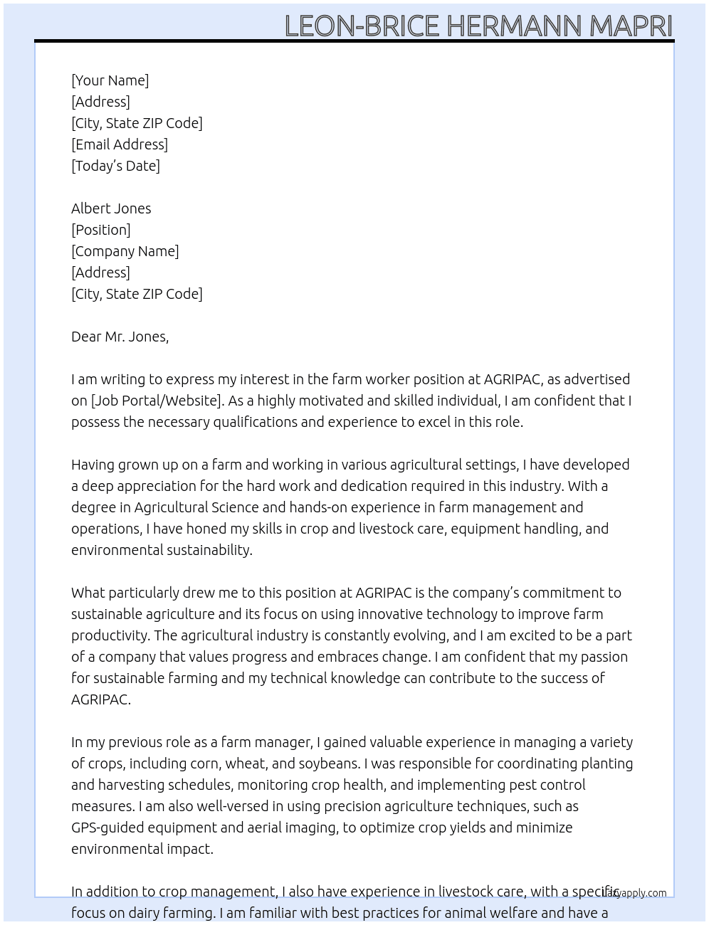farm worker At AGRIPAC Cover Letter
