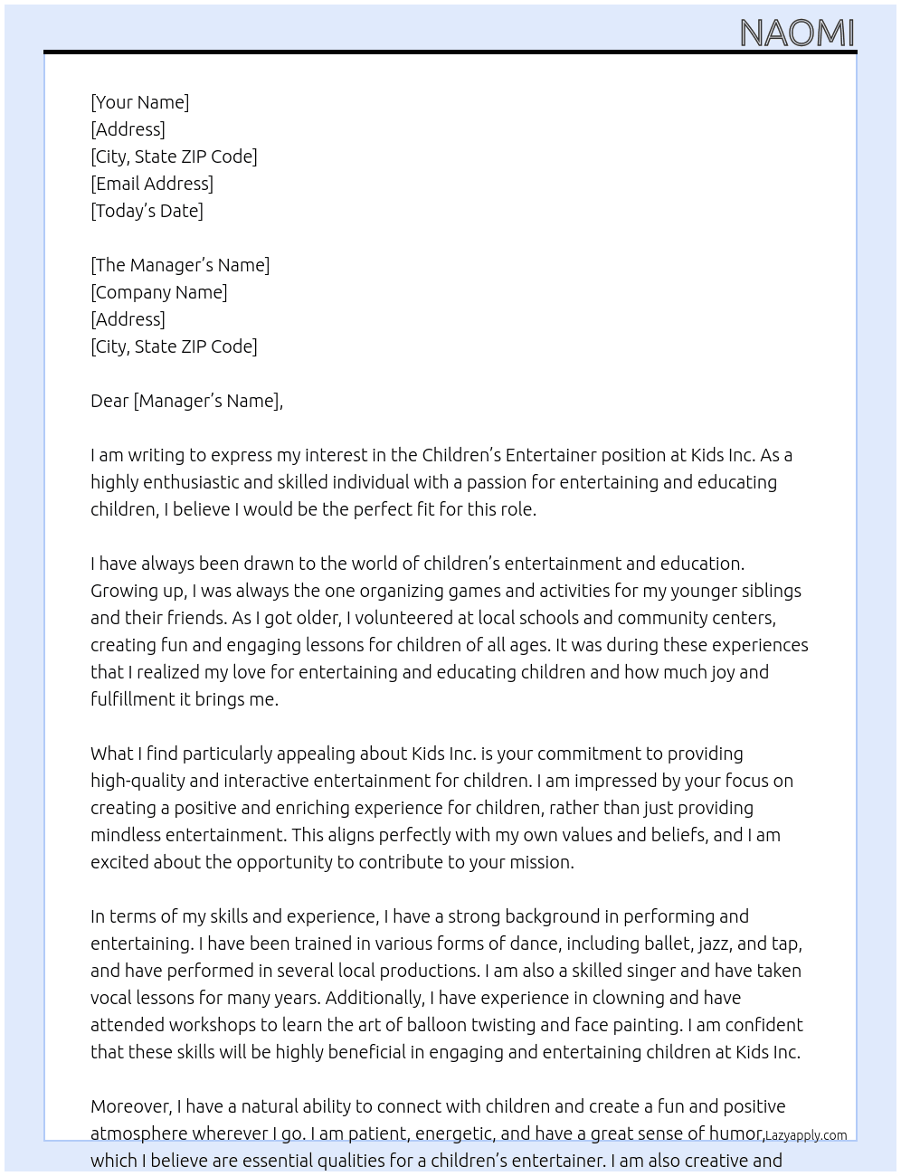Childrena enterainer At Kids Inc. Cover Letter