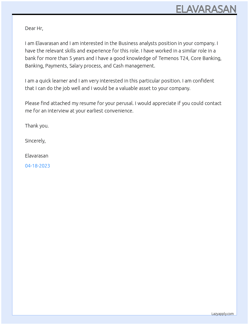 Business analysts At T24 Cover Letter