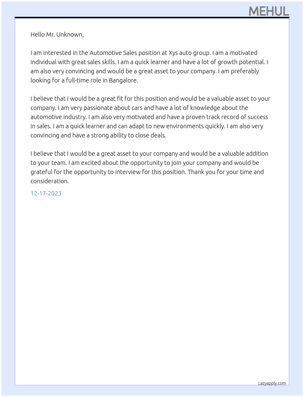 Automative Sales At Xys auto group Cover Letter