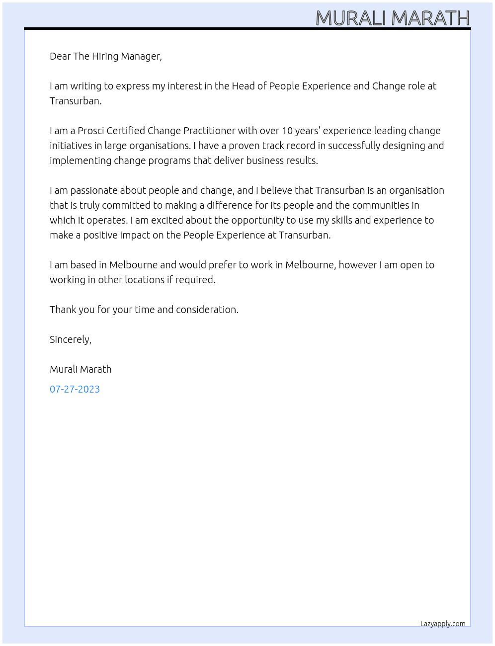 Head of People Experience and Change At Transurban Cover Letter