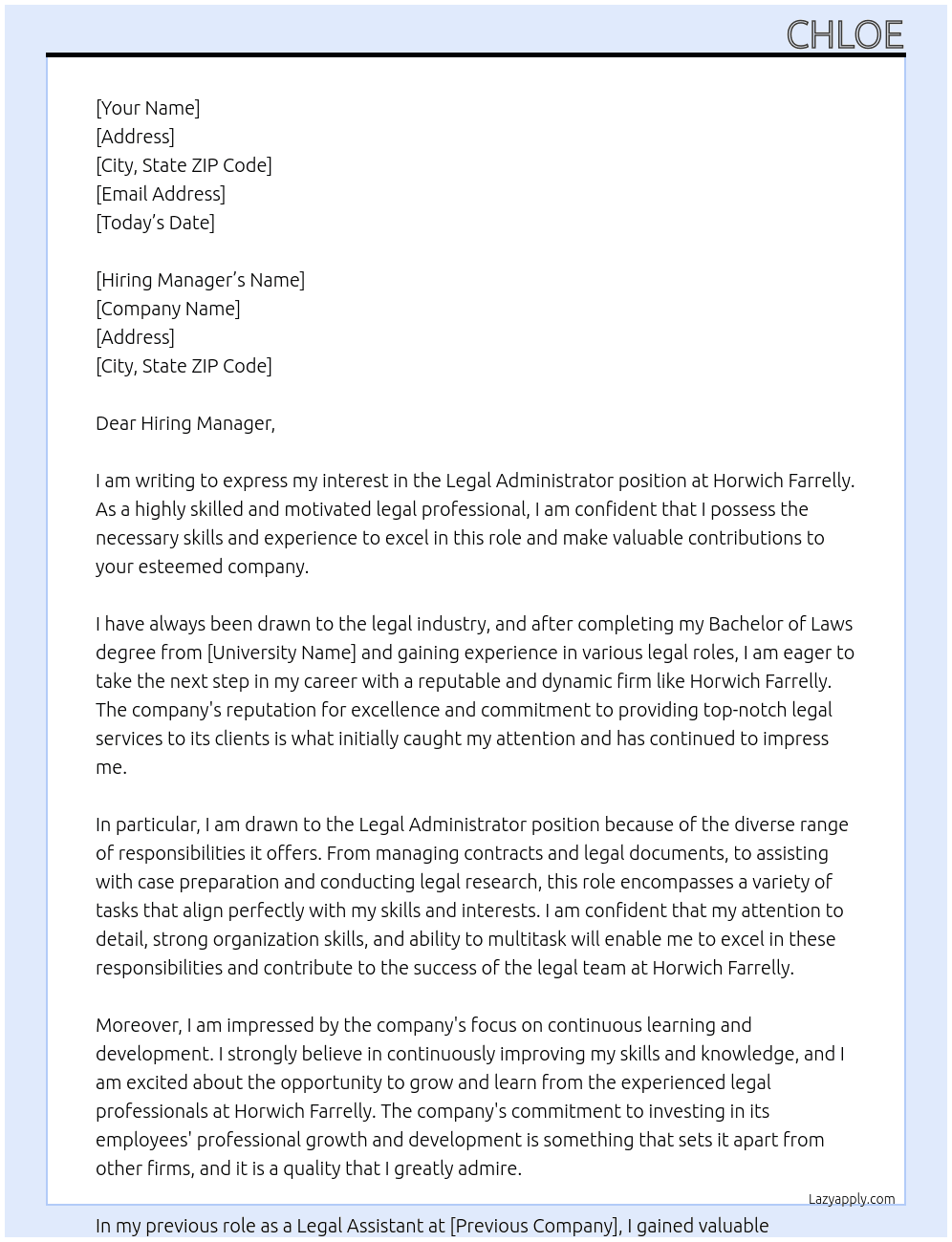 Legal Adminstrator At Horwich Farrelly Cover Letter