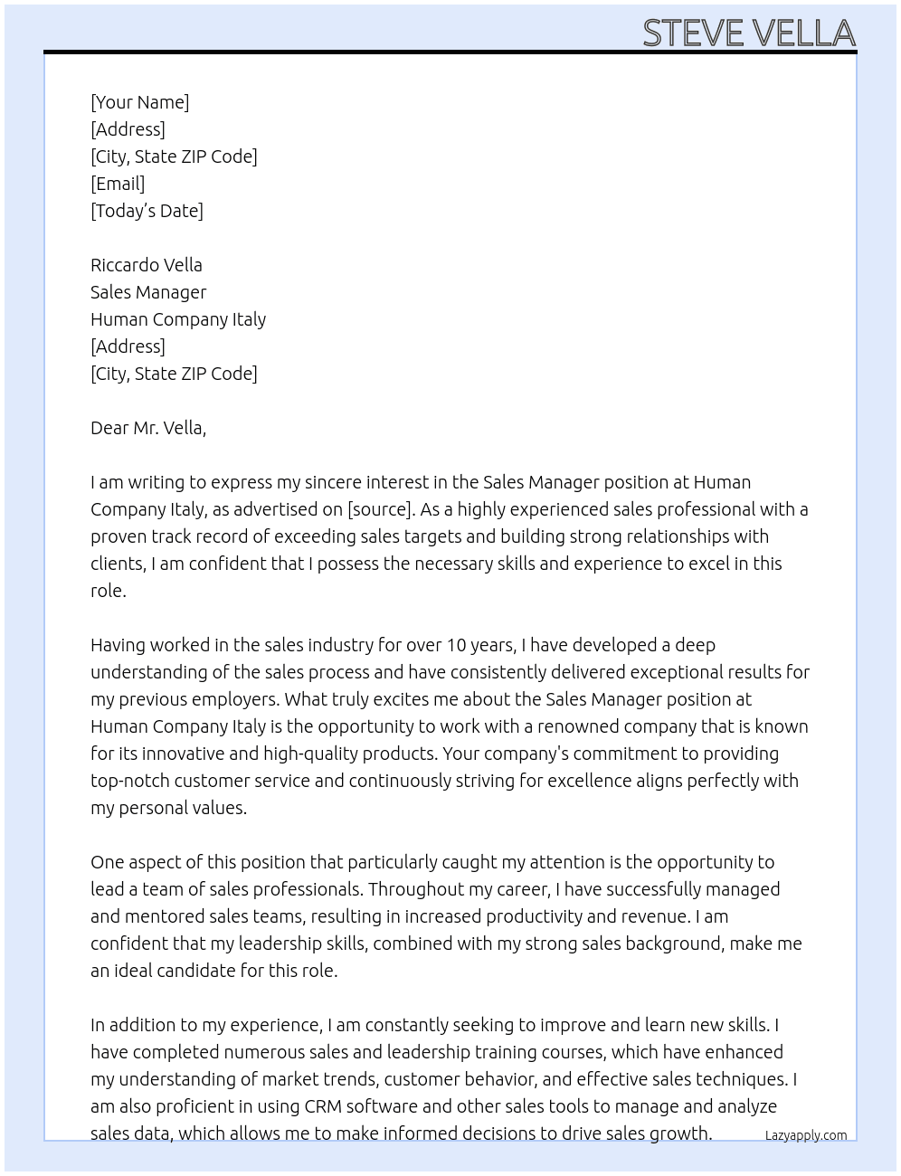 Sales manager At Human Company Italy Cover Letter
