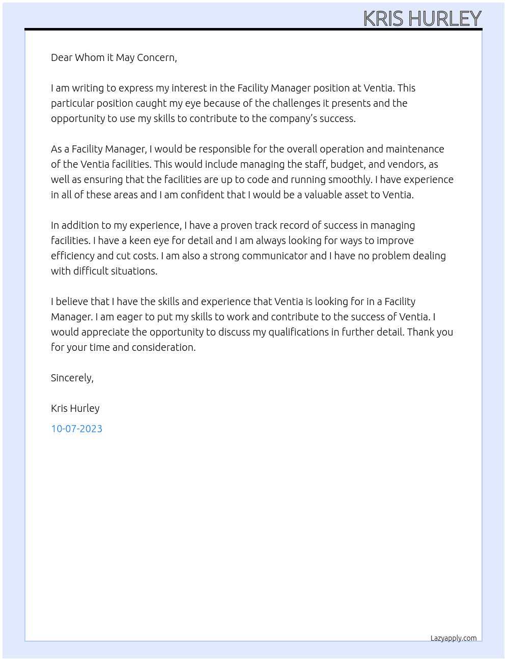 Facility Manager At Ventia Cover Letter