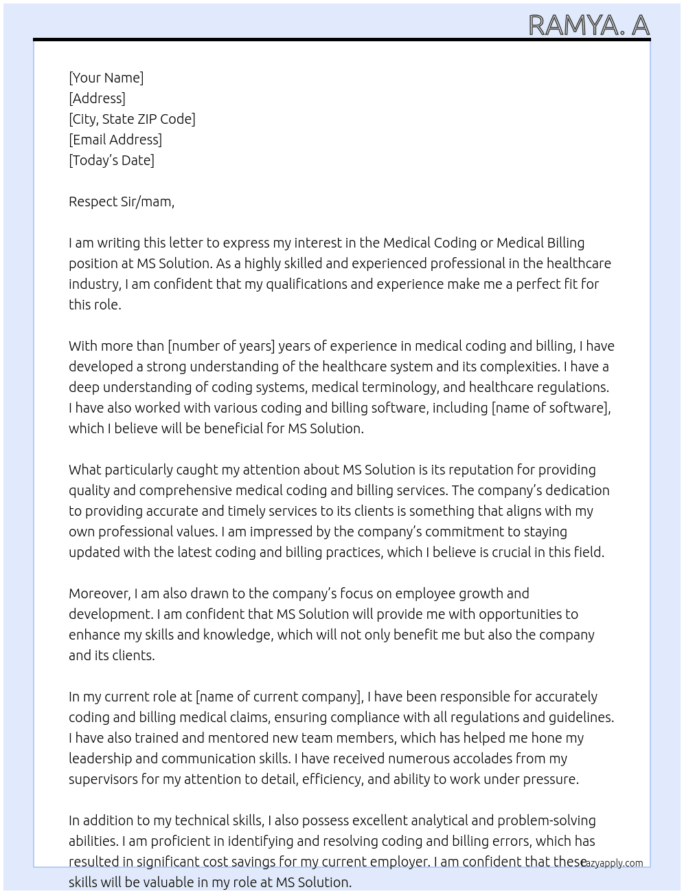 Medical coding or medical billing At MS Solution  Cover Letter