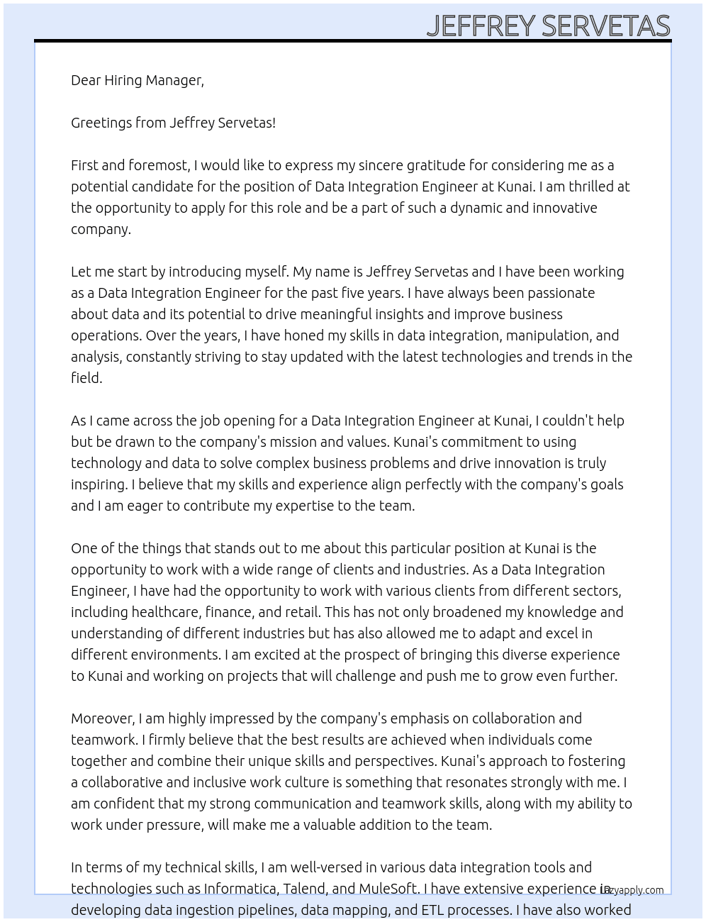 Data Integration Engineer At Kunai Cover Letter