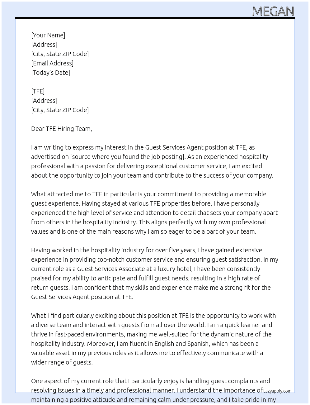 Guest Services Agent At TFE Cover Letter