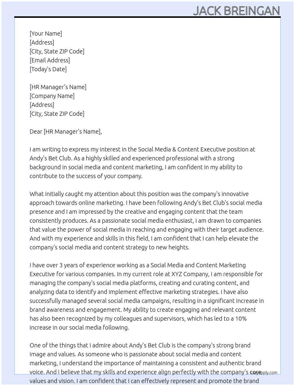 Social Media & Content Executive At Andy’s Bet Club Cover Letter
