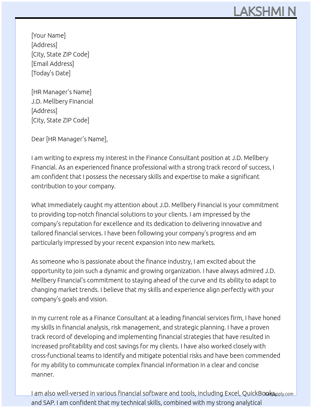 Finance consultant  At J.D.mellbery financial  Cover Letter