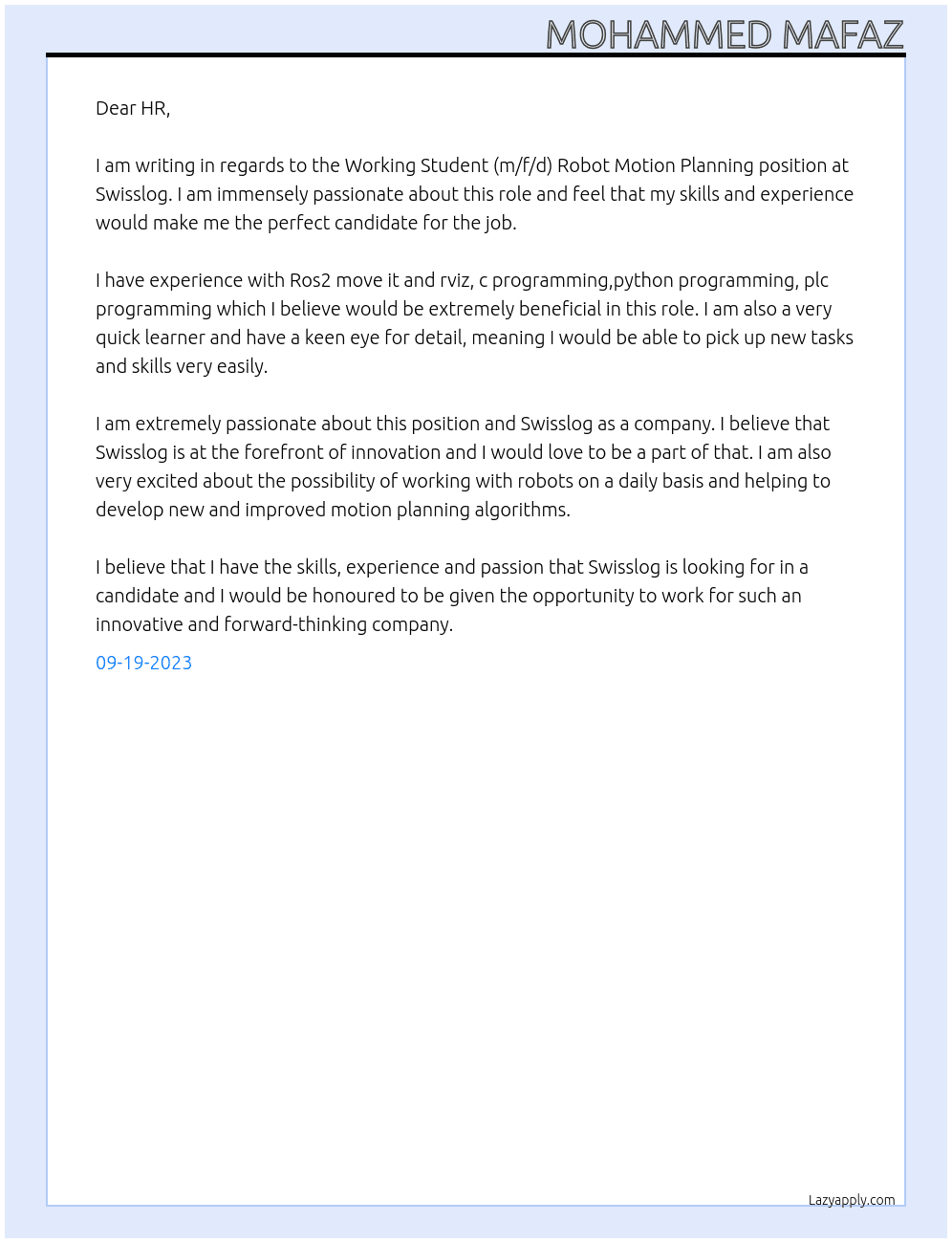 Working Student (m/f/d) Robot Motion Planning At Swisslog Cover Letter