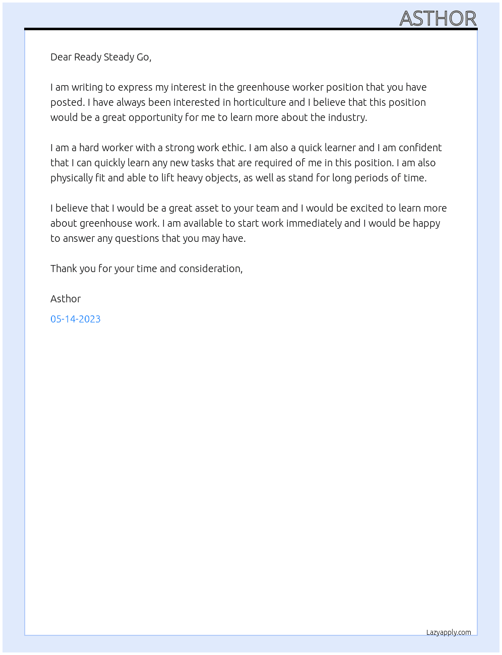 greenhouse worker At Ready Steady Go Cover Letter