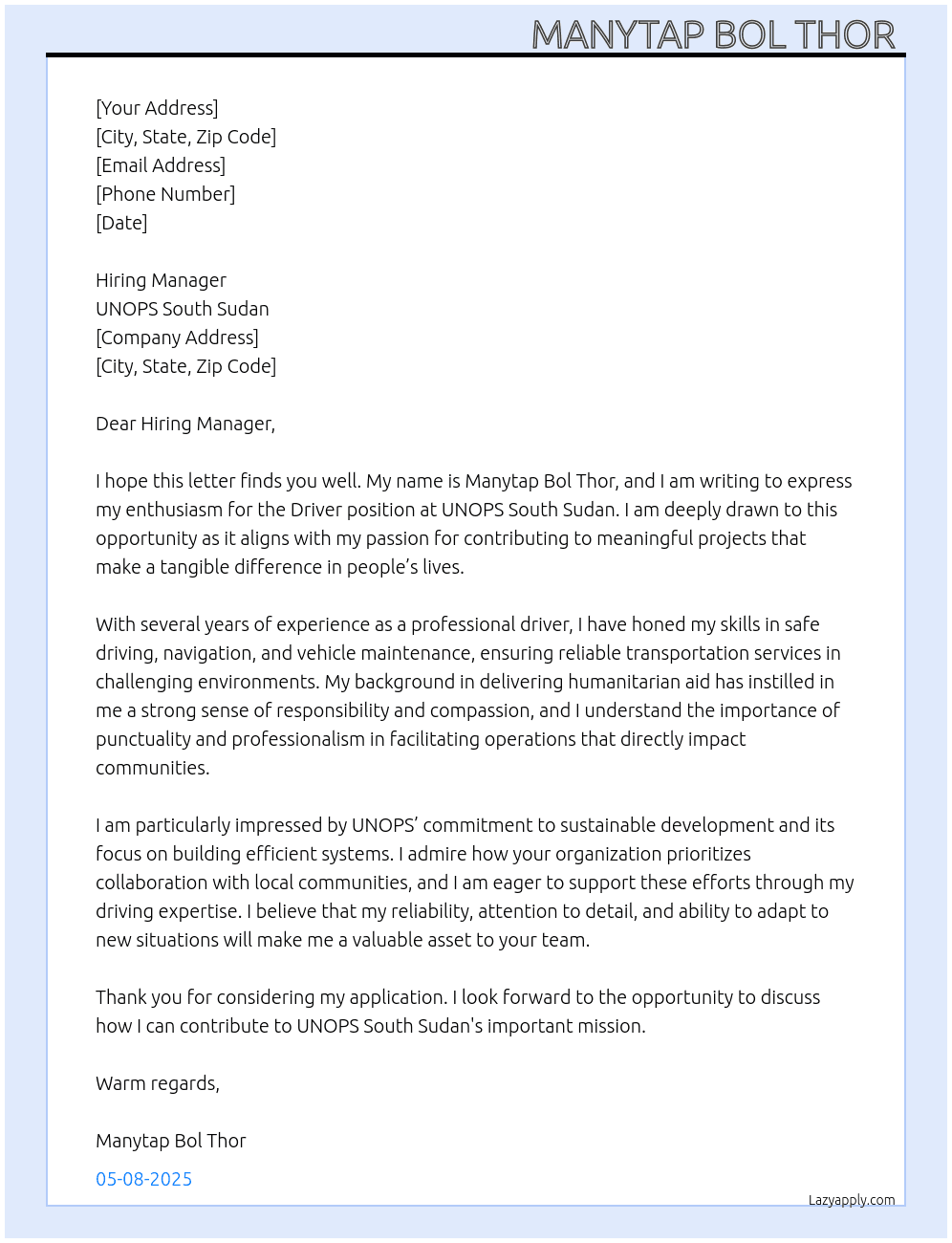 Driver At UNOPS SOUTH SUDAN  Cover Letter