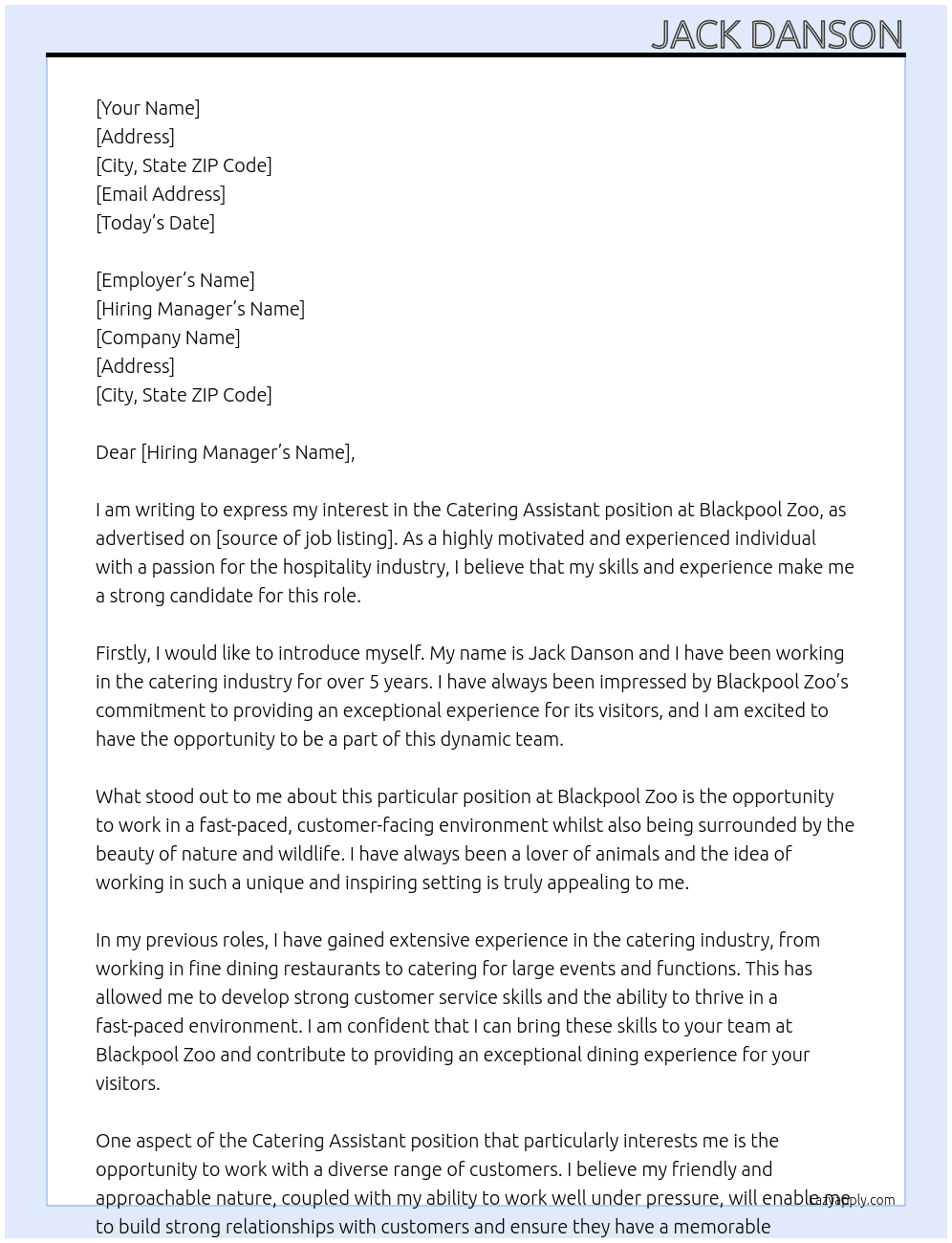  catering assistant At blackpool zoo Cover Letter
