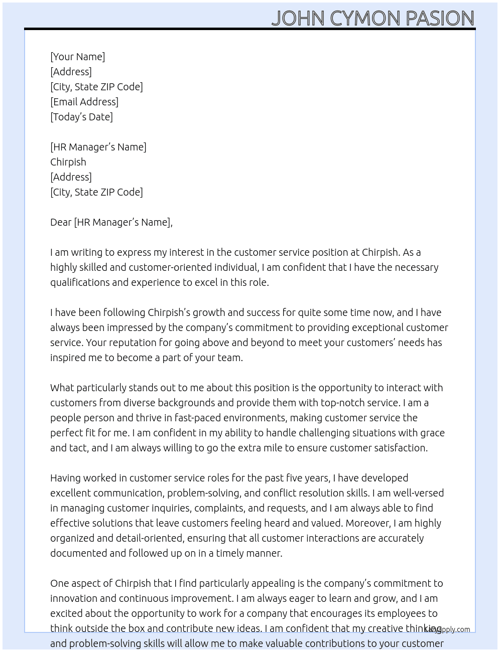 customer service At Chirpish Cover Letter
