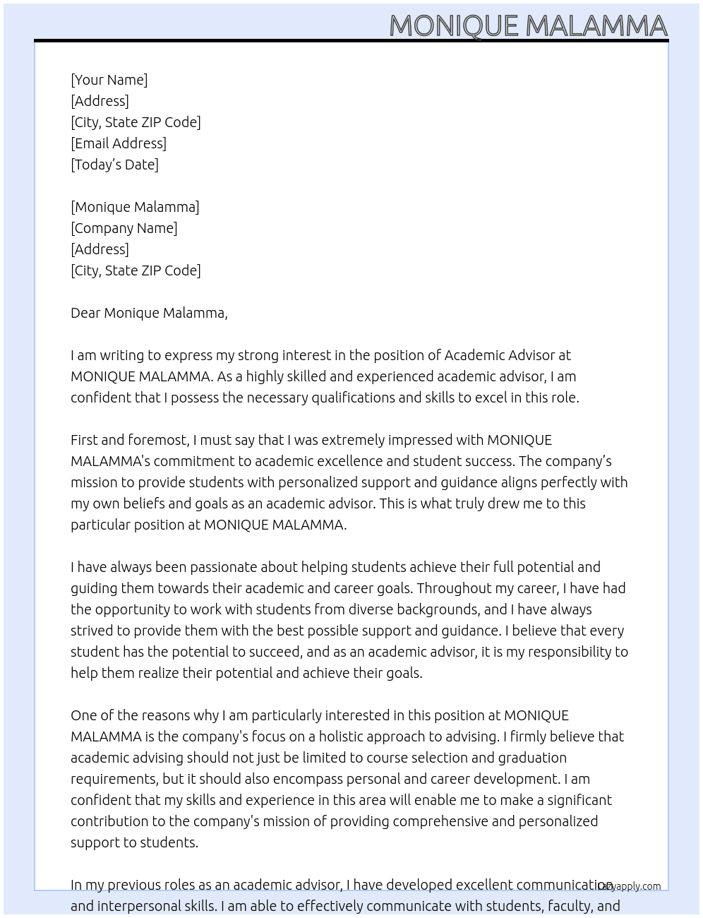 Academic Advisor At MONIQUE MALAMMA Cover Letter