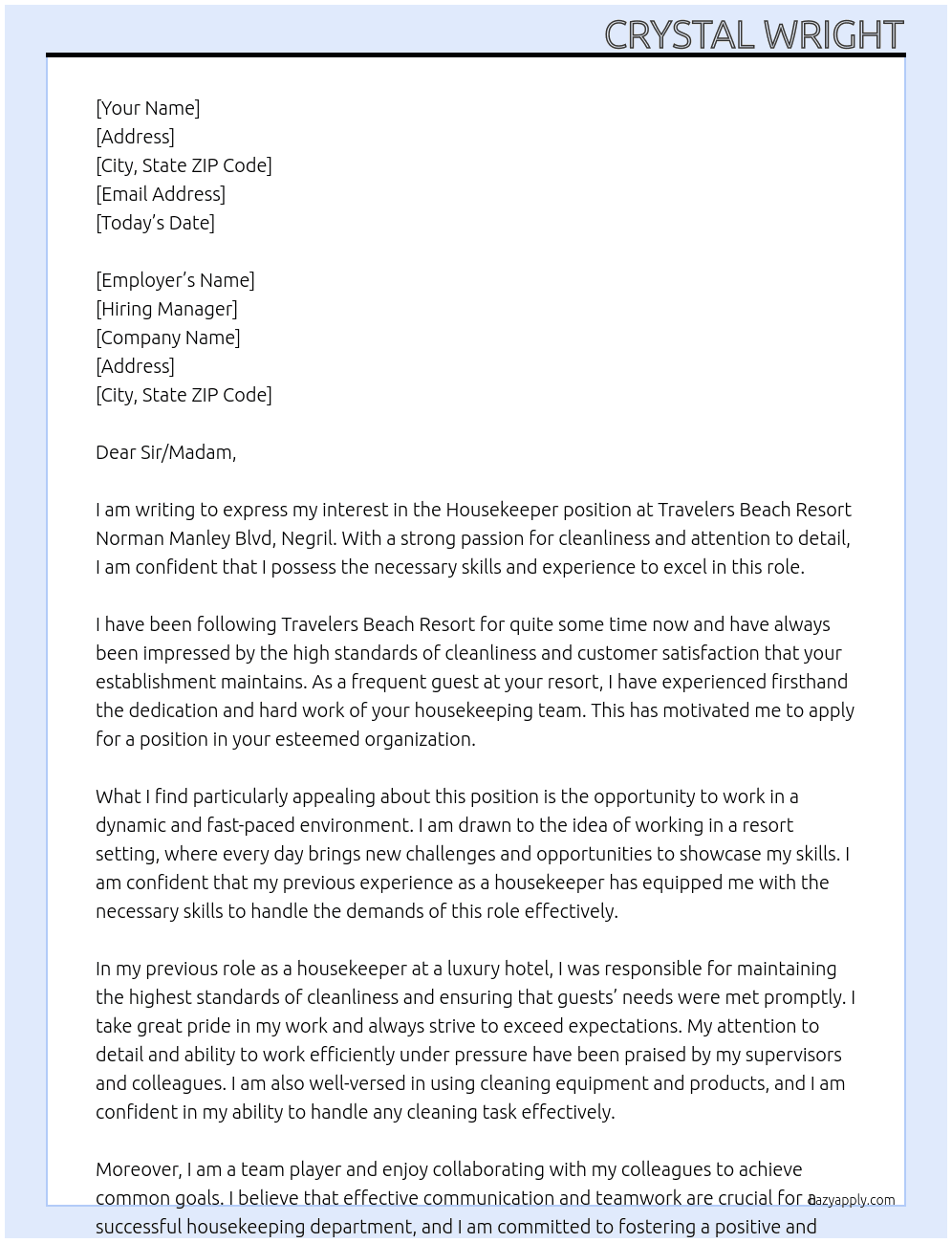 Housekeeper  At Travelers Beach Resort Norman Manley Blvd, Negril Cover Letter