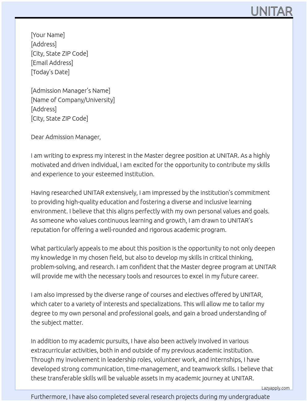 Master degree At UNITAR Cover Letter