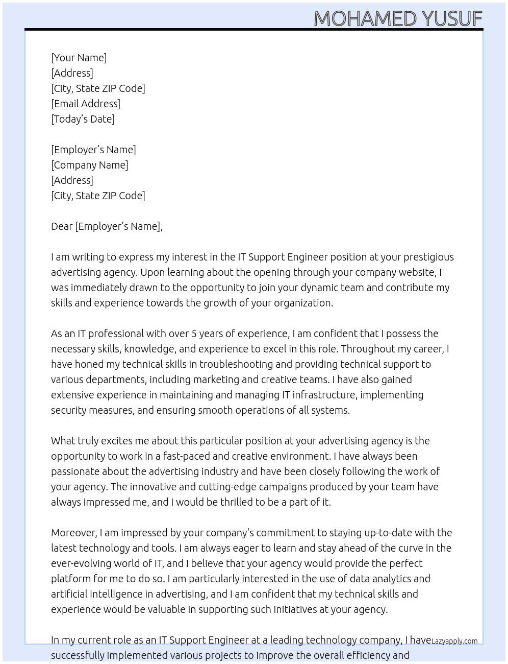 IT Support Engineer At Advertising agency Cover Letter