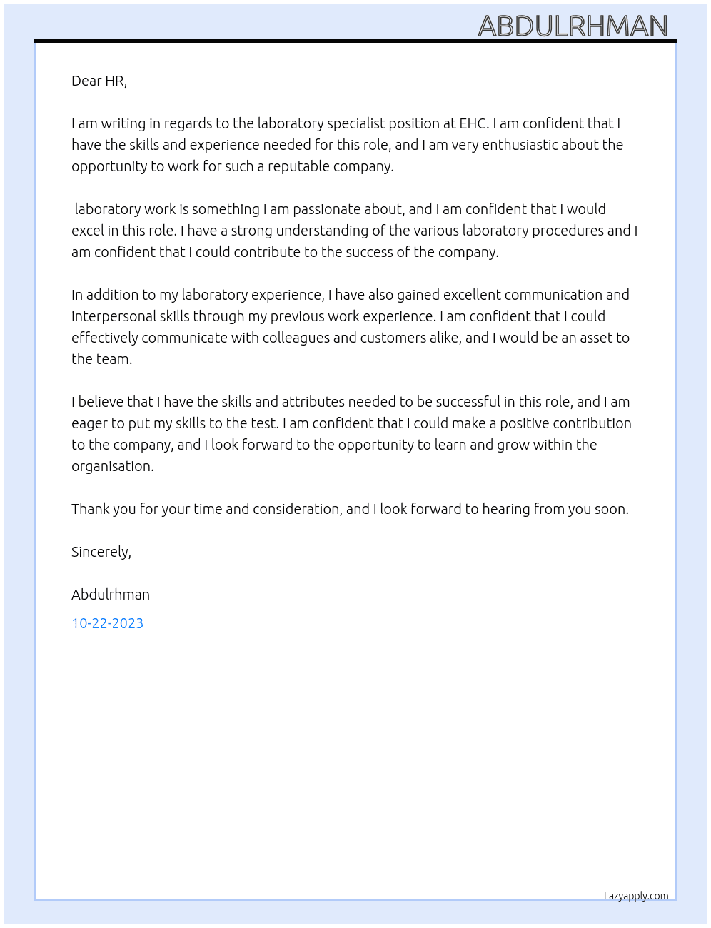 laboratory spicialist  At EHC Cover Letter