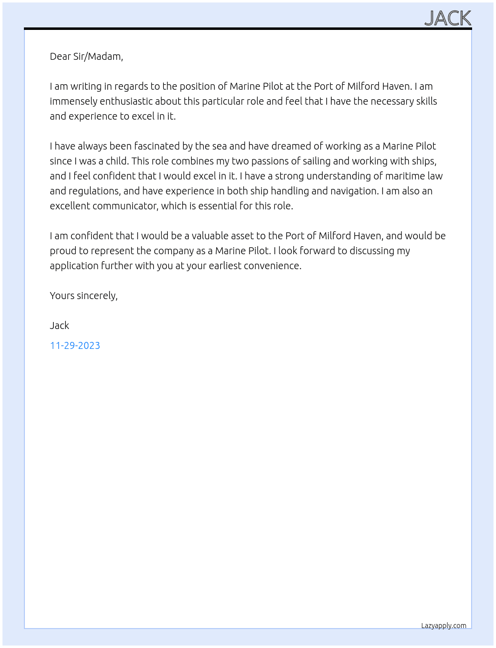 Marine Pilot At Port of milford haven Cover Letter