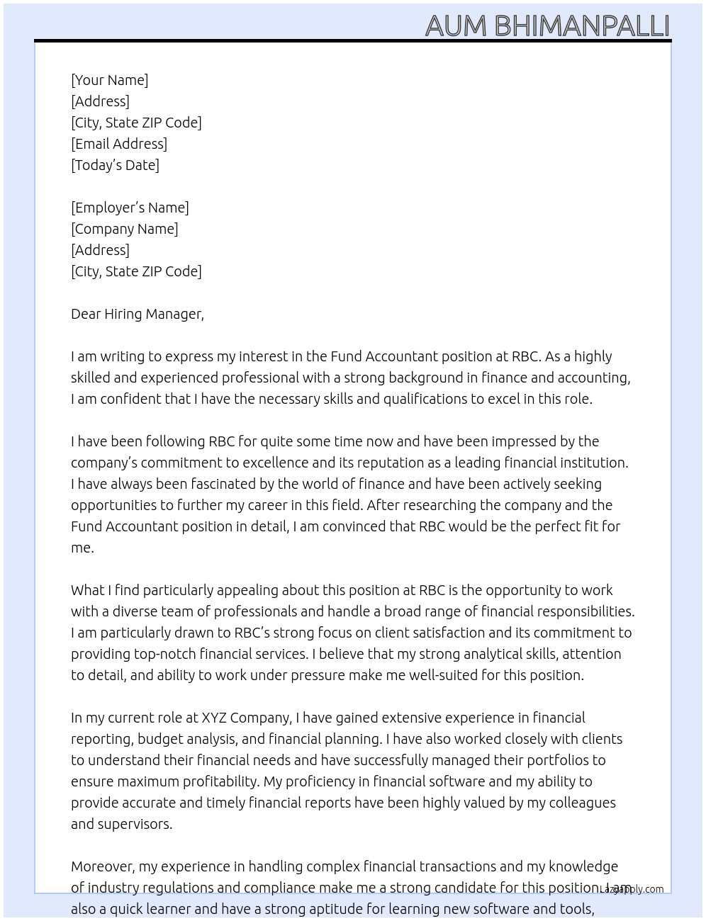 fund accountant At RBC Cover Letter